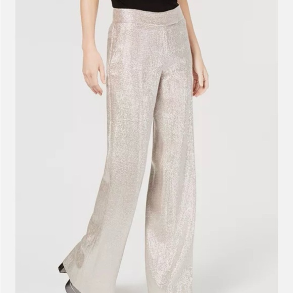 Rachel Zoe Wide leg linen pants Tan Metallic Pull on Pockets Size L Shimmer - Picture 1 of 12